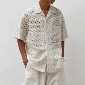 Camicie estive con bottoni in maglia di cotone a maniche corte <span class=keywords><strong>Camicia</strong></span> lavorata all'uncinetto <span class=keywords><strong>Camicia</strong></span> da <span class=keywords><strong>uomo</strong></span> in <span class=keywords><strong>pizzo</strong></span> Jacquard Casual - Product Image 4