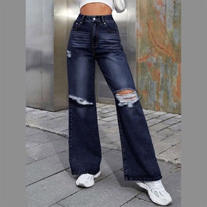 Pantalons en jean décontractés pour femmes sur mesure, multicolores, déchirés, taille haute, évasés, respirants et lavables, en coton, coupe ample pour femmes - Product Image 3