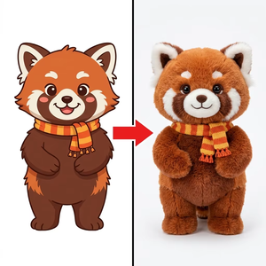 Peluche Personalizzato di <span class=keywords><strong>Panda</strong></span> Rosso con Sciarpa a Righe Lavorata a Maglia, Realizzato su <span class=keywords><strong>Disegno</strong></span> Originale del Cliente - Product Image 1