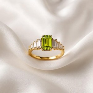 Green Peridot <b>Ring</b> <b>Emerald</b> Cut Peridot <b>Ring</b> CZ <b>Ring</b> Handmade 925 Sterling <b>Silver</b> with 18K Gold Filled Finish Wedding Gift - Product Image 1
