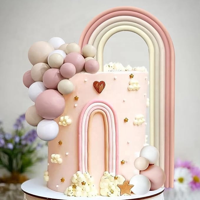 Boho Rainbow Cake Topper Decoration Set – 41 PCS Foam Balls, Beige & Pink, DIY Party Cake Decor