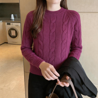 Pull en maille torsadée personnalisé pour femme, col montant, manches raglan, poignets et ourlet côtelés, coupe ajustée, longueur courte, décontracté