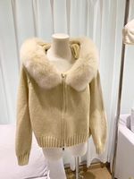Cardigan en tricot pour femme printemps 2025 avec capuche et bordure en fourrure de renard