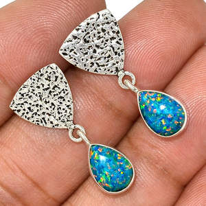 Piedra preciosa de pera de ópalo azul Natural ODM Ajuste de bisel 925 Pendientes de plata esterlina sólida ODM Joyería fina hecha a mano al por mayor - Product Image 1