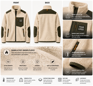 Custom Sherpa <b>Jacket</b> Men's Warm <b>Teddy</b> <b>Fleece</b> Full Zip Coat With Contrast Nylon Pocket Elbow Patch Outdoor Winter Workwear - Product Image 3
