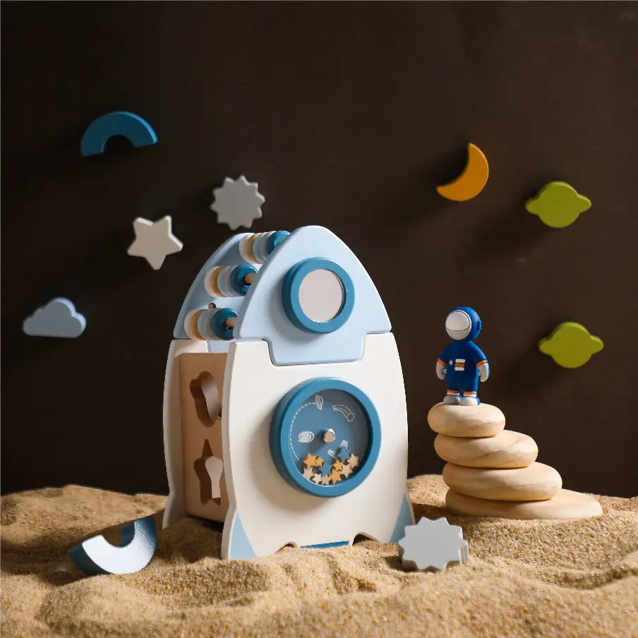 Activités sensorielles Montessori éducatives précoces 5 en 1 bloc de boulier en bois multifonction jouet thème de fusée pour enfant