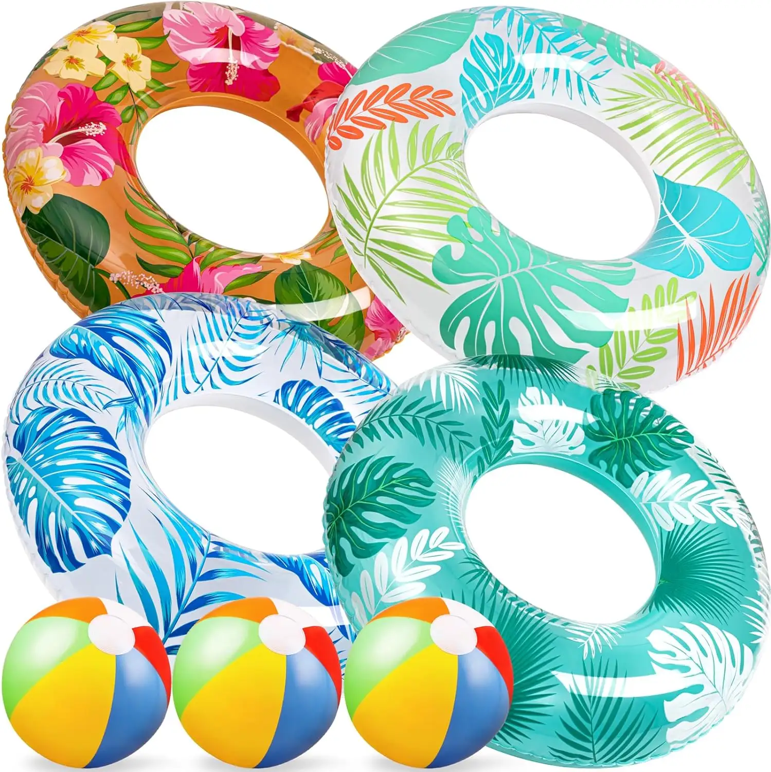Luau Pool Floats Hawaiian Swimming Rings with 13.5" Beach Balls Inflatable Tubes Floater Toys for Kids Adults