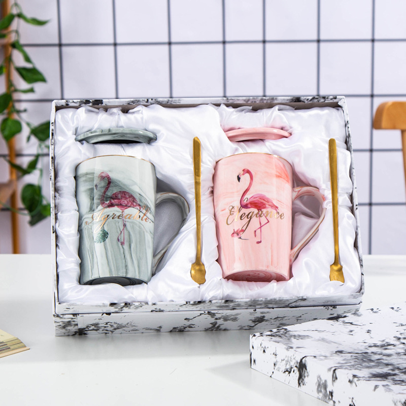 Doyoung Custom Logo Couple Mug Set Design Marble Porcelain Ceramic Coffee Flamingo Mug with Gift Box