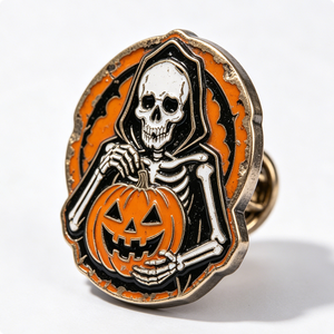 Halloween Skeleton Holding Pumpkin Hard Enamel Metal <b>Pin</b> Gold Plated Irregular Shape Folk Art Collectible - Product Image 4