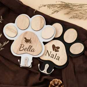 Personalized Dog Paw Wall Hook, Custom Pet Leash Holder, Wooden Collar Rack, Engraved Paw Print Hanger, Gift for Pet Lovers - Product Image 1