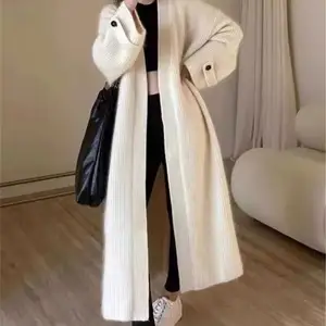 2023 nuevo estilo francés cuello en V casual largo Jersey de punto cárdigan mujer otoño suave mantener caliente suelto suéter largo chaqueta tops