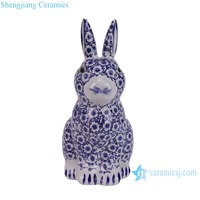 RZTO58-M-S bleu et blanc, motifs de fleurs et de feuilles Sculpture en céramique de lapin décoration de vacances de Pâques
