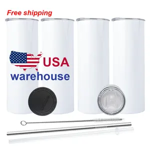 USA Warehouse 20オンスストレート昇華タンブラースキニーホワイトストレート昇華ブランクストロー付きステンレス鋼タンブラー