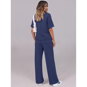 Conjuntos de Salón para Mujer de 2 Piezas, Trajes Deportivos de Manga Corta, Conjuntos a Juego, Pantalones de Pierna Ancha, Transpirables e Informales para Verano - Product Image 5