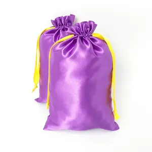 Атласная сумка для наращивания волос с напечатанным логотипом, сатиновый клатч для обуви от пыли, косметичка на шнурке с желтой лентой