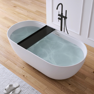 Baignoire autoportante ronde en pierre composite à débordement avec étagère en acrylique pour villa, finition blanc mat, direct usine - Product Image 1