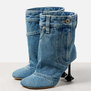 Bottines courtes à bout carré pour femme, avec talons personnalisés irréguliers, boutons et détails en denim, chaussures de scène à coupe large - Product Image 1