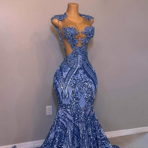 S3468L Nuovo Abito Elegante 2026 in <span class=keywords><strong>Velluto</strong></span> Blu a <span class=keywords><strong>Maniche</strong></span> <span class=keywords><strong>Lunghe</strong></span>, Stile Sirena con Vita Definita, <span class=keywords><strong>Vestito</strong></span> da Sera - Product Image 4