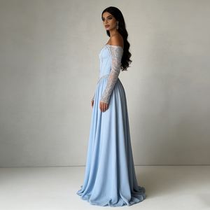 Robes de soirée maxi pour femmes, élégantes et formelles, à manches longues en maille transparente, à épaules dénudées, avec corsage en satin orné, bleu clair - Product Image 3