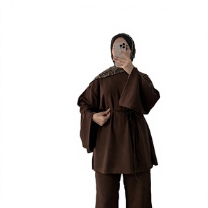 Conjunto de Pantalones y Vestido Abaya de Moda Modesta para Mujer, Cuello en V, Manga Larga, Ropa Musulmana Sólida de Dos Piezas, Atuendo Hijabi para Uso Diario en Primavera/Otoño - Product Image 1