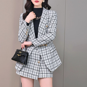 Set Plaid in <span class=keywords><strong>Tweed</strong></span> 2 pezzi da <span class=keywords><strong>donna</strong></span> abbigliamento da ufficio personalizzato <span class=keywords><strong>Blazer</strong></span> nero in puro poliestere con tasche a bottone e pantaloncini autunnali Casual - Product Image 5