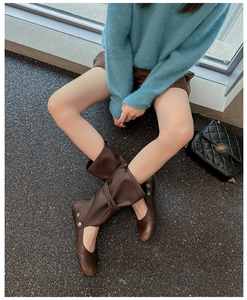 Niche Design Sense Pantalones y <span class=keywords><strong>botas</strong></span> de tubo de cuero de vaca para mujer Color sólido Estilo coreano <span class=keywords><strong>con</strong></span> cierre deslizante - Product Image 5