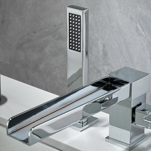 Bathtub Three Hole Basin Waterfall Faucet Dual Handle <b>Deck</b> Mounted Ceramic Valve Chrome Finish - Product Image 1