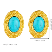 Boucles d'oreilles ovales incrustées de pierre œil de chat turquoise plaqué or, bijoux de mode pour femmes