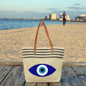 Grand sac fourre-tout en paille grande capacité avec fermeture éclair, portable, résistant à l'eau, pour voyages en extérieur, sacs de plage d'été motif Evil Eyes pour femmes - Product Image 3