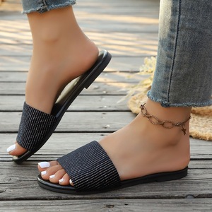 Wide Strap <b>Glitter</b> Stripe <b>Flat</b> Slide <b>Sandals</b> Slip On Open Toe Slippers Indoor Outdoor Summer Beach Footwear - Product Image 2