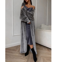 Cardigan décontracté pour femme en polyamide, coupe ample, col en V, longueur cheville, style lounge, en fausse fourrure de lapin, manches bouffantes douces