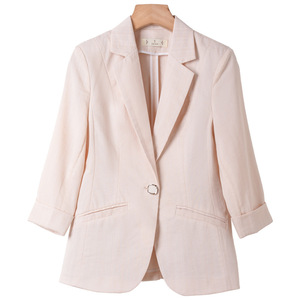Women's Blazer Beige Three Quarter Sleeve Lightweight Solid Color Breathable Summer Style - Product Image 5