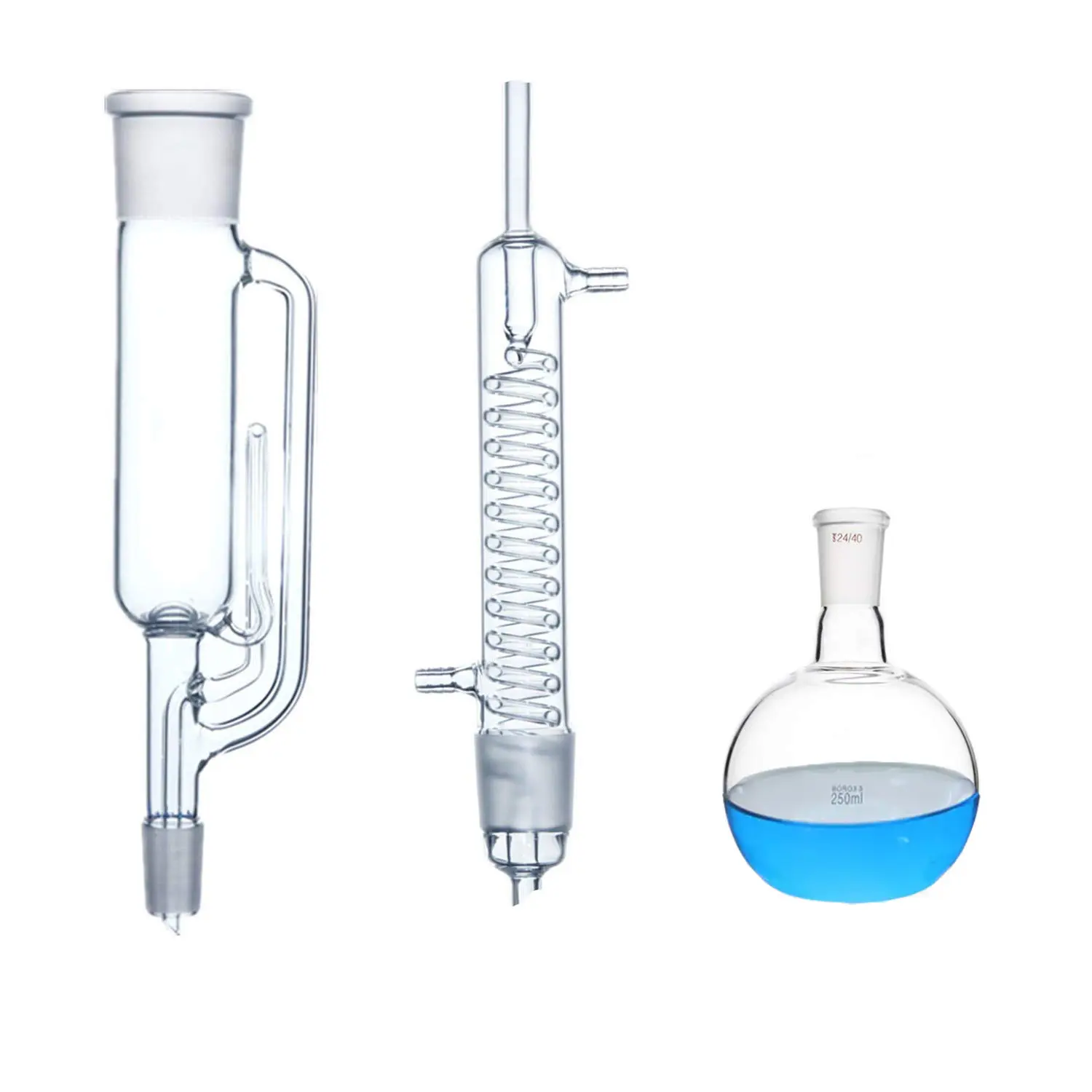 Apparecchio per l'estrazione di Soxhlet in vetro borosilicato, composto da boccetta, estrattore e condensatore per uso in laboratorio
