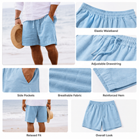 Shorts Bermuda Homme 100% Coton Toile, Taille Élastique avec Cordon de Serrage, Respirant, Décontracté Plage, Coupe Droite, Couleur Unie, Séchage Rapide