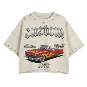 Camiseta de hombre de algodón de 300GSM de fábrica, de alto gramaje, con lavado desgastado, corte oversize tipo box, estilo cropped, con logo de pedrería, estilo streetwear - Product Image 2