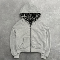 Sweat à capuche personnalisé, double couche, imprimé léopard, poids lourd, en molleton français, surdimensionné, fausse fourrure, réversible, fermeture éclair, sweat à capuche uni pour homme