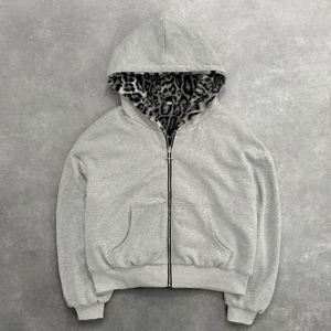 맞춤형 후디 재킷 이중 레이어 레오파드 프린트 헤비 웨이트 프렌치 테리 오버사이즈 인조 퍼 리버시블 지퍼업 블랭크 후디 남성용 - Product Image 2