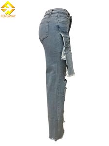 All'ingrosso Jeans Cargo traspiranti personalizzati per donna primavera stagione <span class=keywords><strong>pantaloni</strong></span> in Denim piatto frontale <span class=keywords><strong>con</strong></span> tecniche di lavoro strappate - Product Image 4