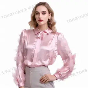 Oversized Shirts Work Leisure Feather Cuffs Elegant Women Feather Shirts Satin Office Ladies Rose Pink Blouses And Tops