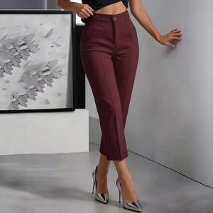 Pantalon de costume taille haute pour <span class=keywords><strong>femme</strong></span>, coupe slim droite, longueur cheville, avec bouton central sur le devant et fermeture éclair, personnalisable - Product Image 4