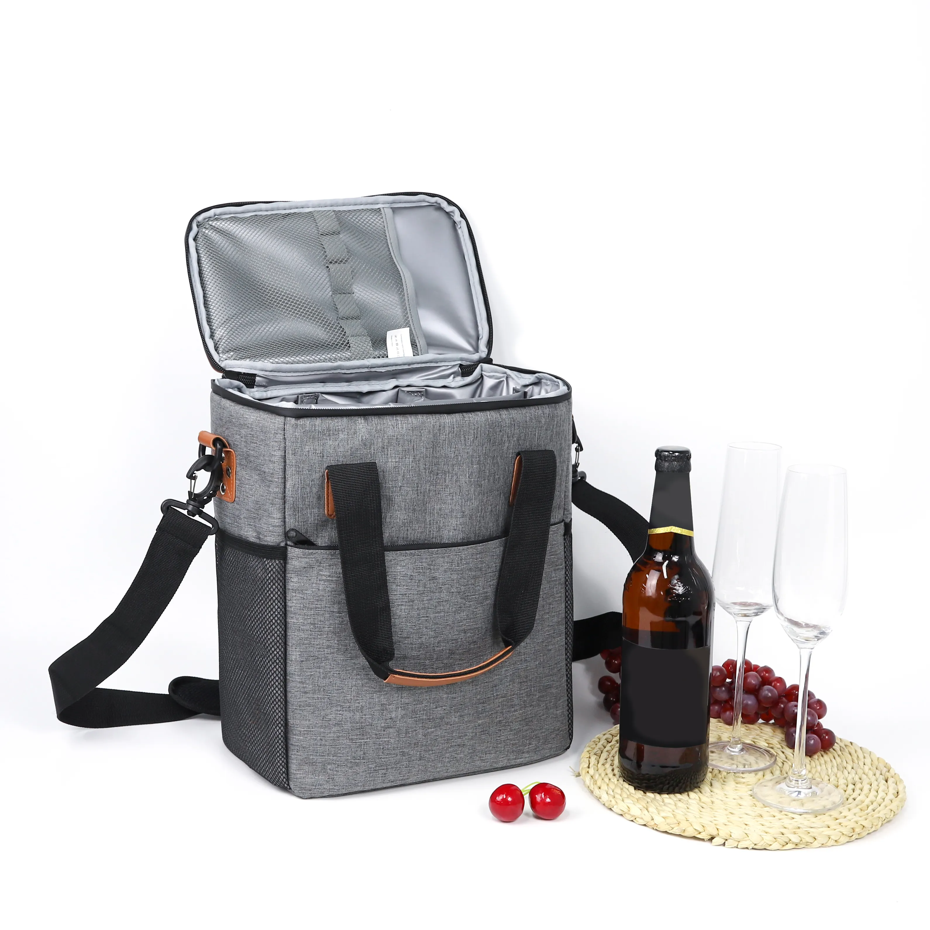 Tamanho personalizado Logo Top Alças 6 Garrafa Vinho Isolado Cooler Bag com Alça de Ombro