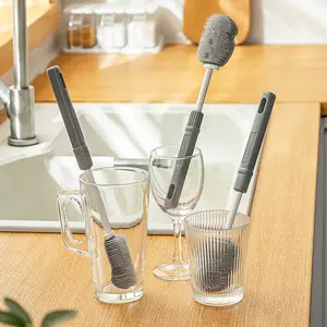 Brosse de nettoyage de bouteille en silicone avec brosse de nettoyage rétractable à long manche pour brosse à biberon de cuisine