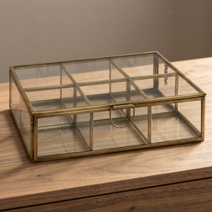 Glass Jewelry Box With Brass Frame And <b>Grid</b> Design For Storage - Product Image 4