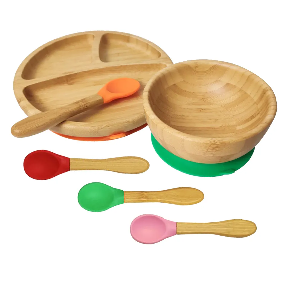 pure bamboo three-piece set|Baby bowl plate and spoon bamboo baby feeding set
