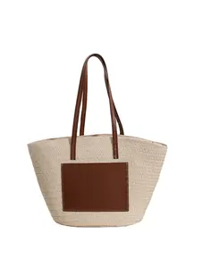 Hot New Fashion Natural Wheat Straw Tote Bag Vintage Woven Clutch Bag With Leather Patch
