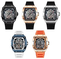 Montre mécanique pour homme, squelette, tourbillon, boîtier tonneau, cadran bleu, automatique
