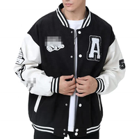 Blouson Bomber Homme Hiver Noir Personnalisé avec Logo Brodé sur Manches en Jean, Lettres Universitaires, Patch Chenille, Réversible, Séchage Rapide