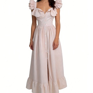 ชุดเดรสมิดิแต่งระบายลายทางของผู้หญิงชุดเดรสซันเดรสคอเหลี่ยมแบบติดกระดุมหน้าแฟชั่น - Product Image 4