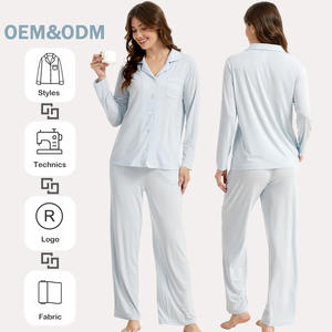 Conjunto de Pijama de Bambú con Rayas Azul Bebé, Camiseta de Manga Larga y Pantalones, Ropa de Dormir Transpirable para <span class=keywords><strong>Mujer</strong></span> - Product Image 1