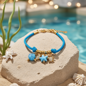 Fashion Charm <b>Bracelet</b> Blue <b>Rope</b> With Sea Life Charms Gold Plated Stainless Steel Sustainable Design - Product Image 3